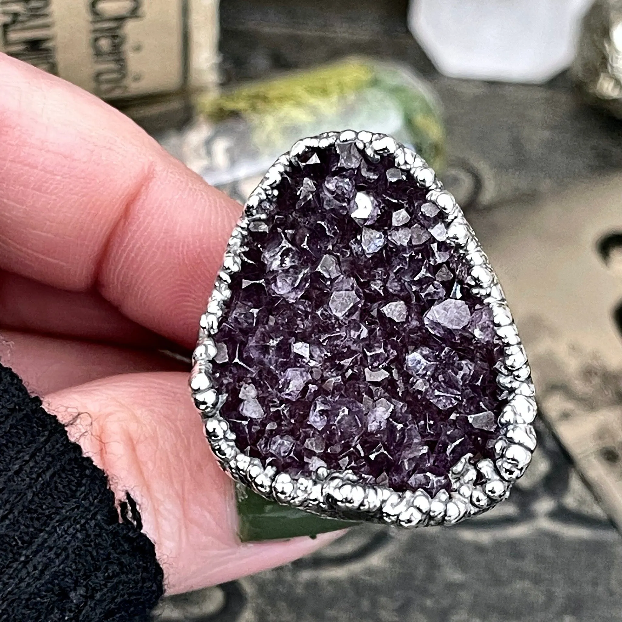 Size 8 Big Raw Amethyst Purple Crystal Ring in Fine Silver / Foxlark Collection - One of a Kind