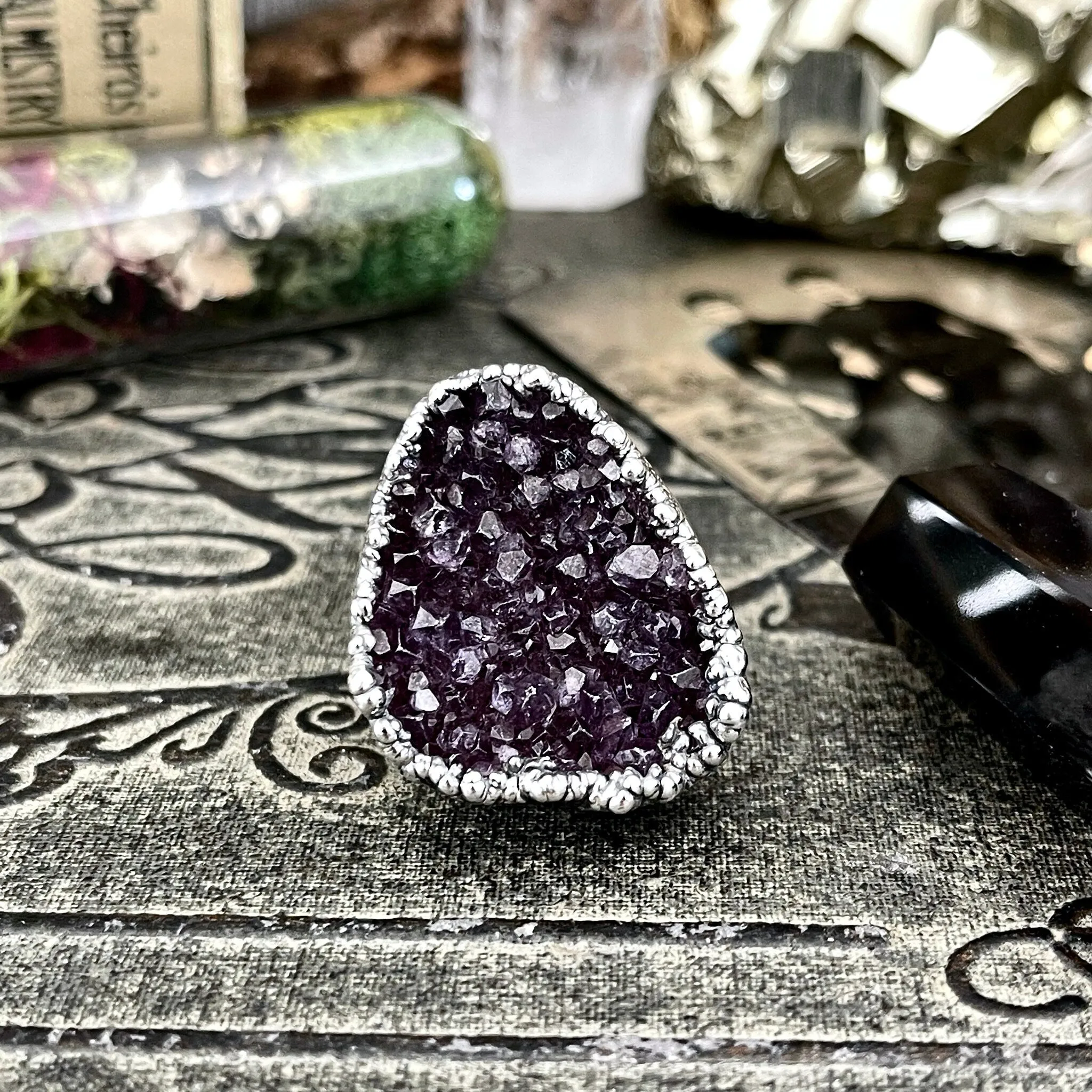 Size 8 Big Raw Amethyst Purple Crystal Ring in Fine Silver / Foxlark Collection - One of a Kind