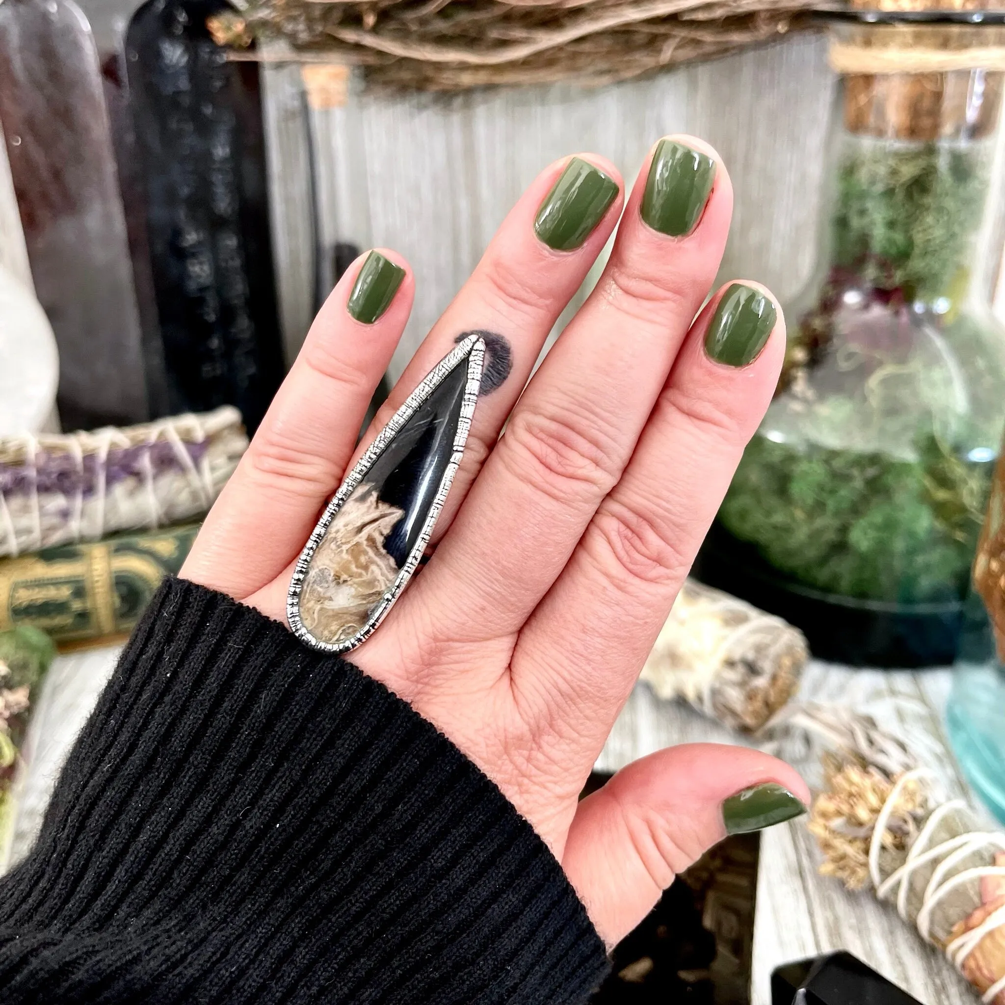 Size 8 Large Fossilized Palm Root Statement Ring in Fine Silver - Black Stone Ring / Foxlark Collection - One of a Kind