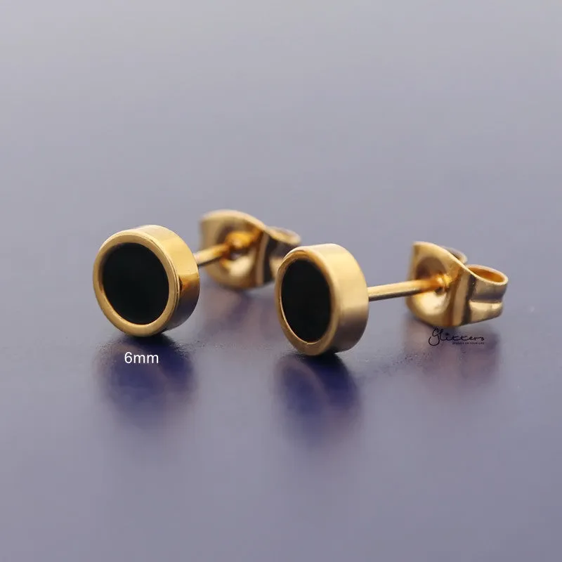 Stainless Steel Round Stud Earrings with Black Center - Gold