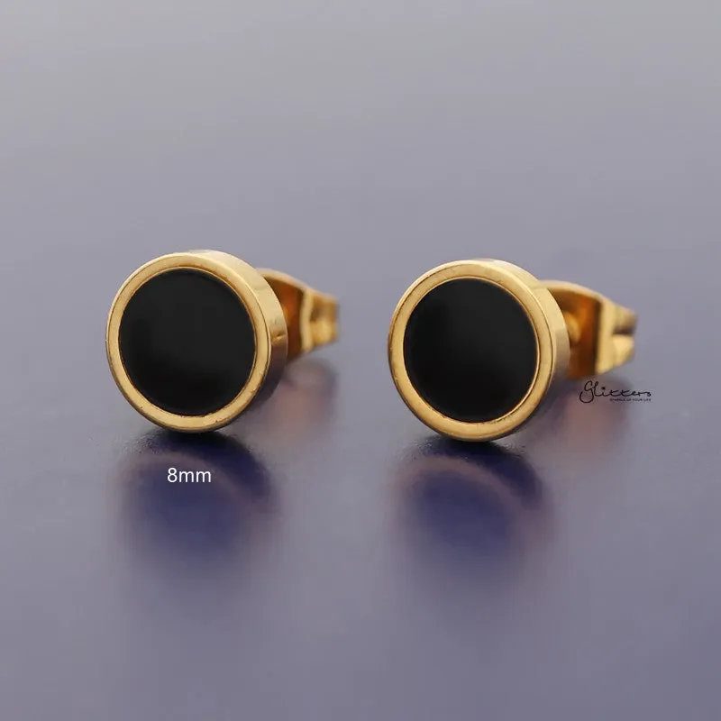 Stainless Steel Round Stud Earrings with Black Center - Gold