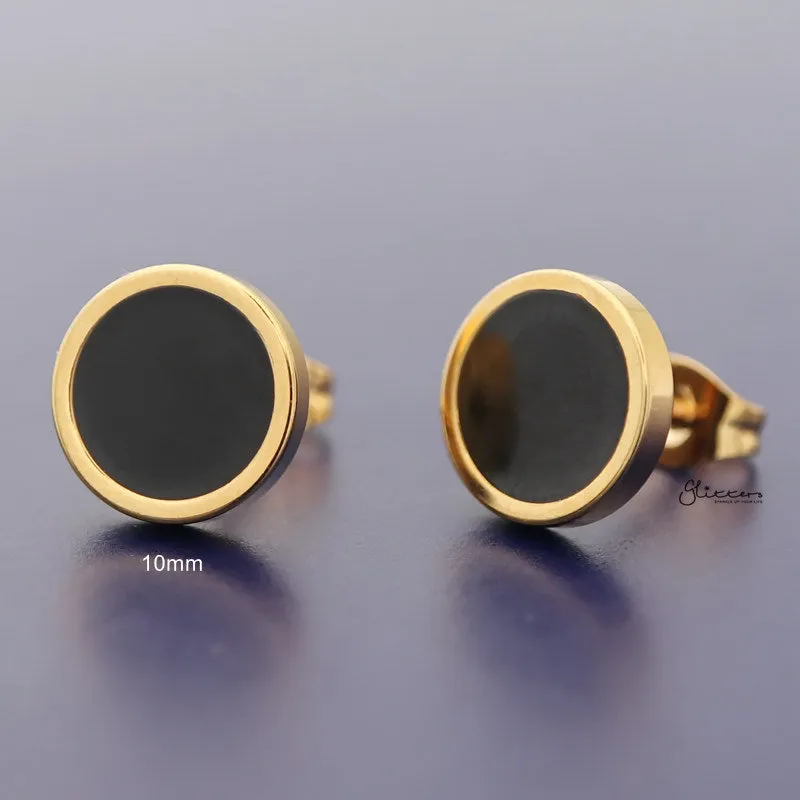 Stainless Steel Round Stud Earrings with Black Center - Gold