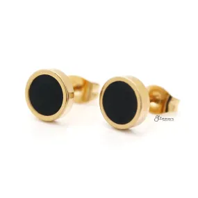 Stainless Steel Round Stud Earrings with Black Center - Gold