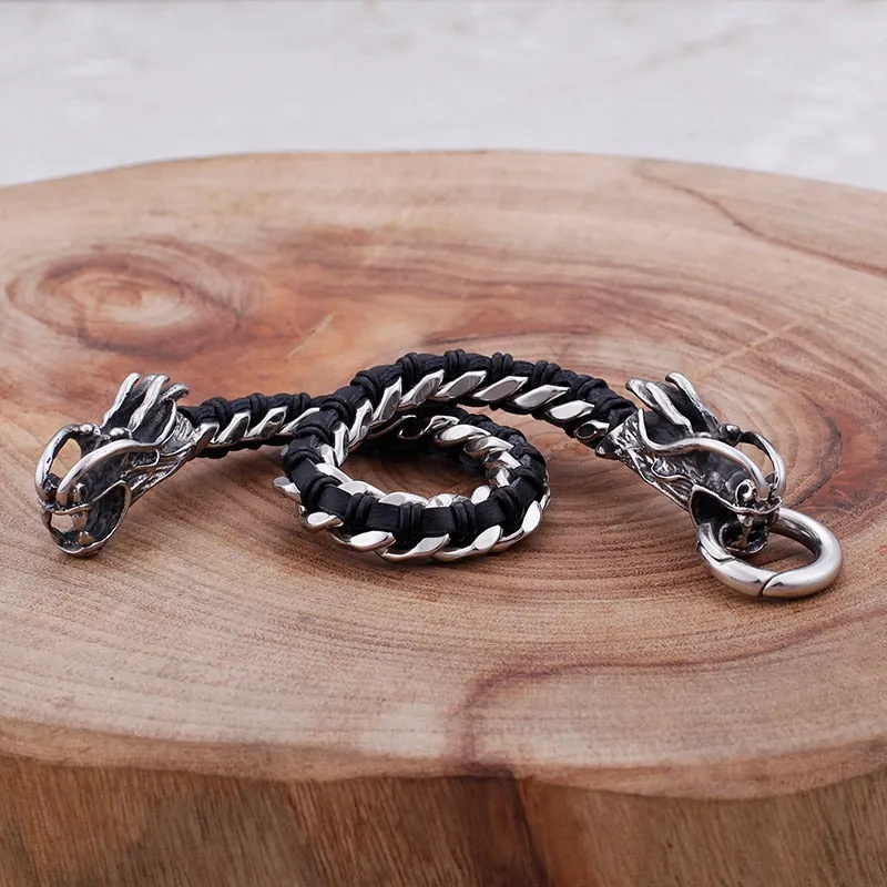 Stainless Steel Woven Leather Double Dragon Bracelet