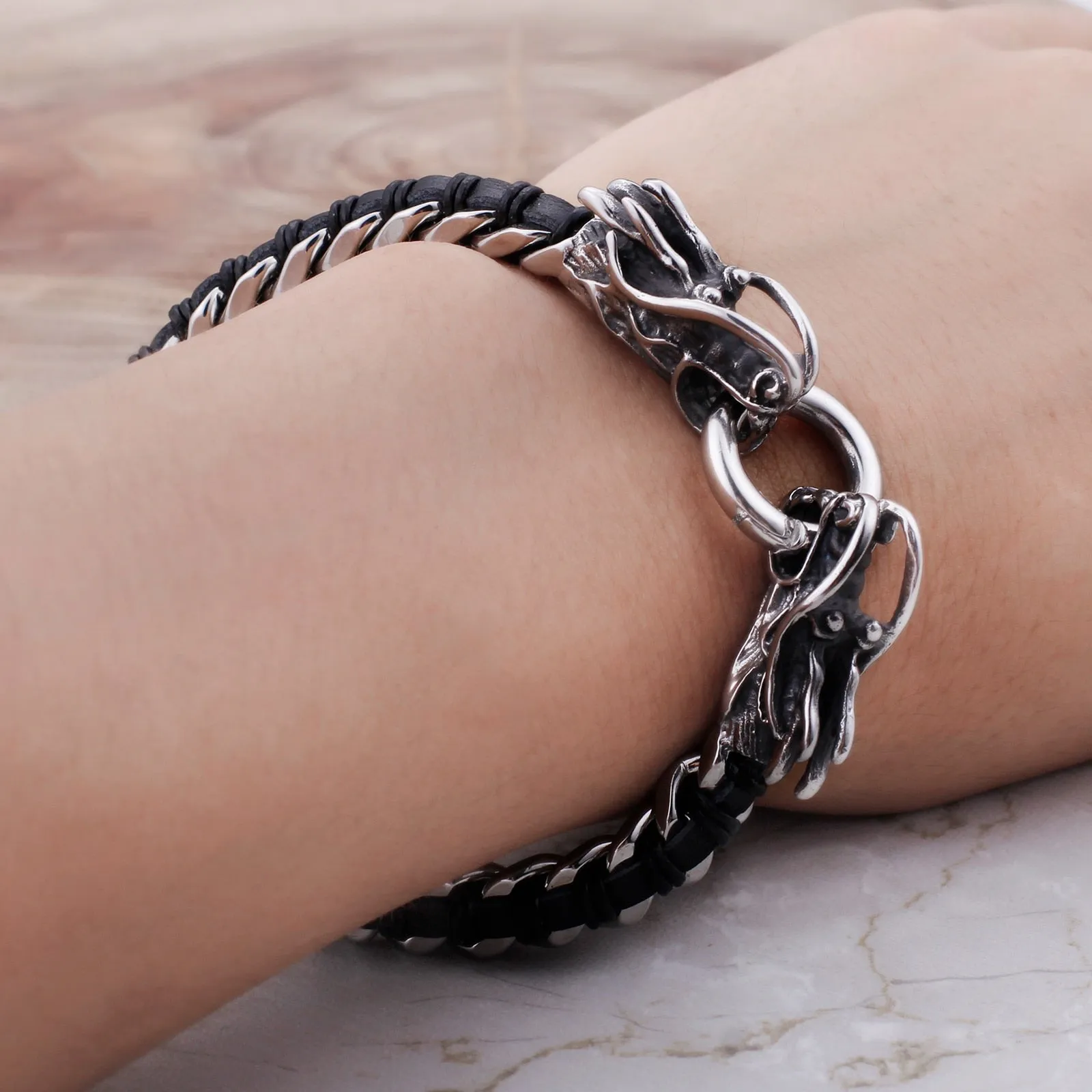 Stainless Steel Woven Leather Double Dragon Bracelet