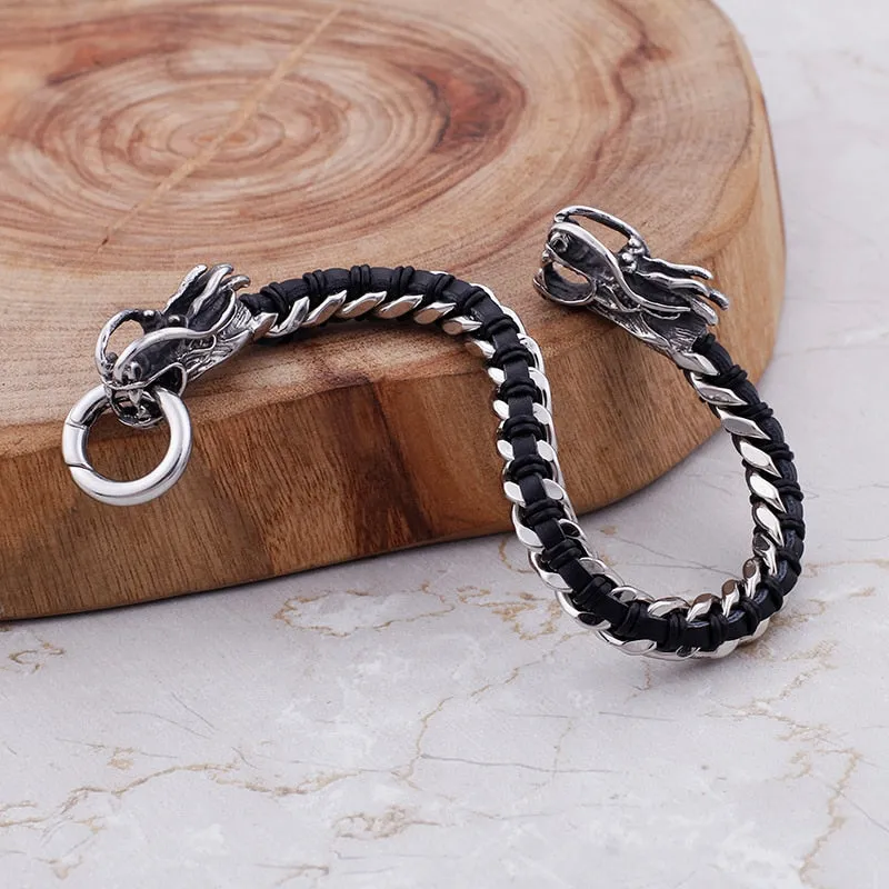 Stainless Steel Woven Leather Double Dragon Bracelet