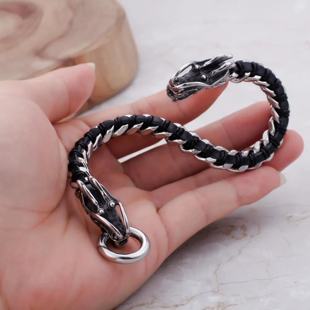 Stainless Steel Woven Leather Double Dragon Bracelet