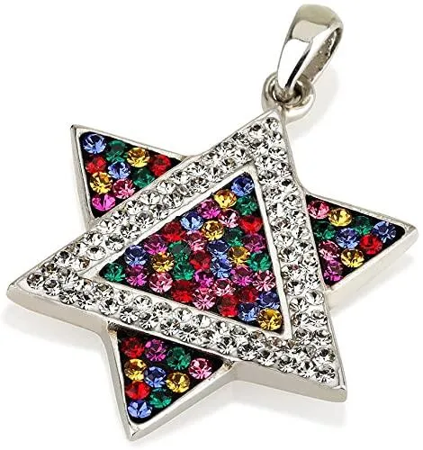 Star of David Pendant Multi Colors Gemstones with Sterling Silver Necklace