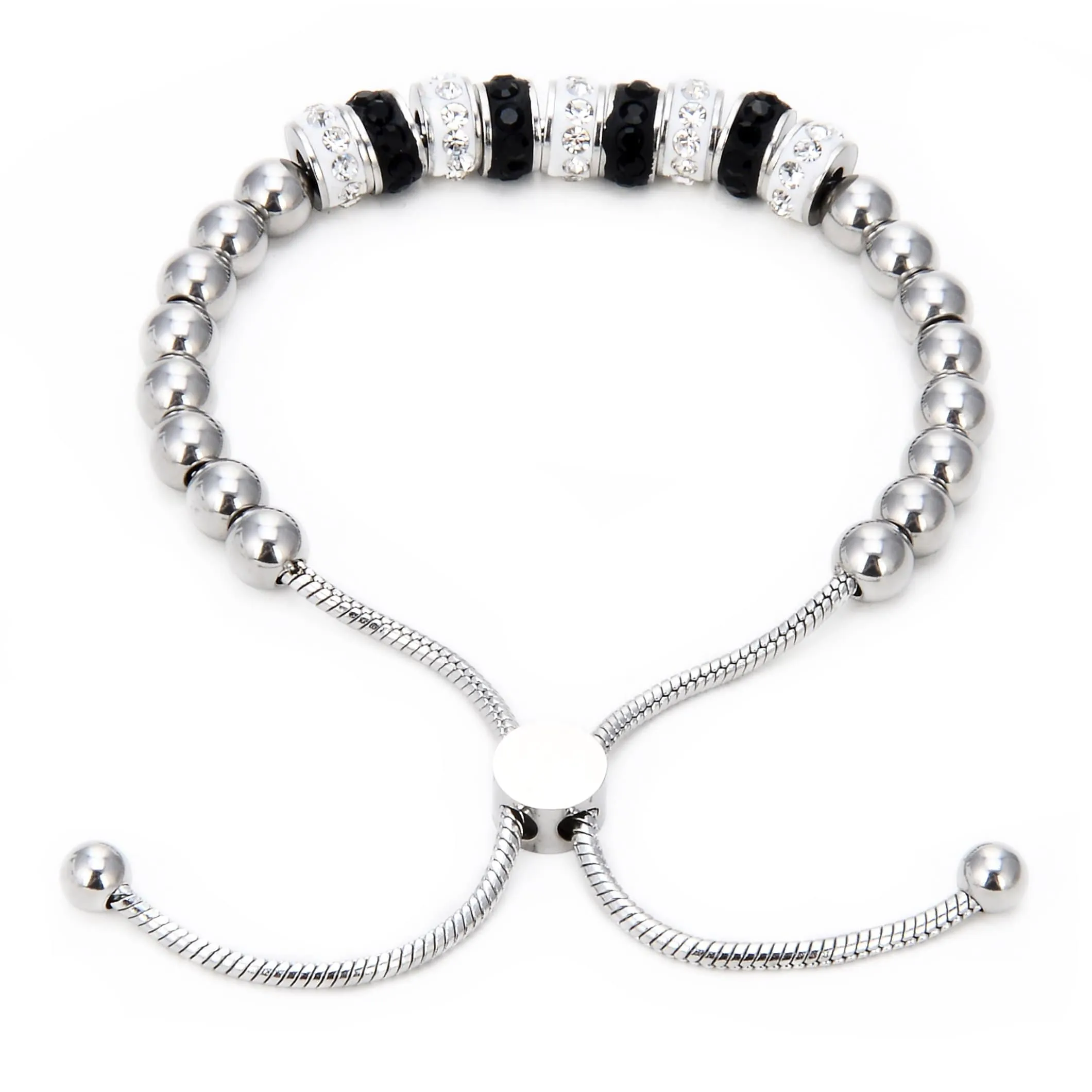 Steel Hearts Black and White Bead Bolo Bracelet