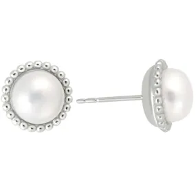 Sterling Silver Button Pearl Stud Earrings