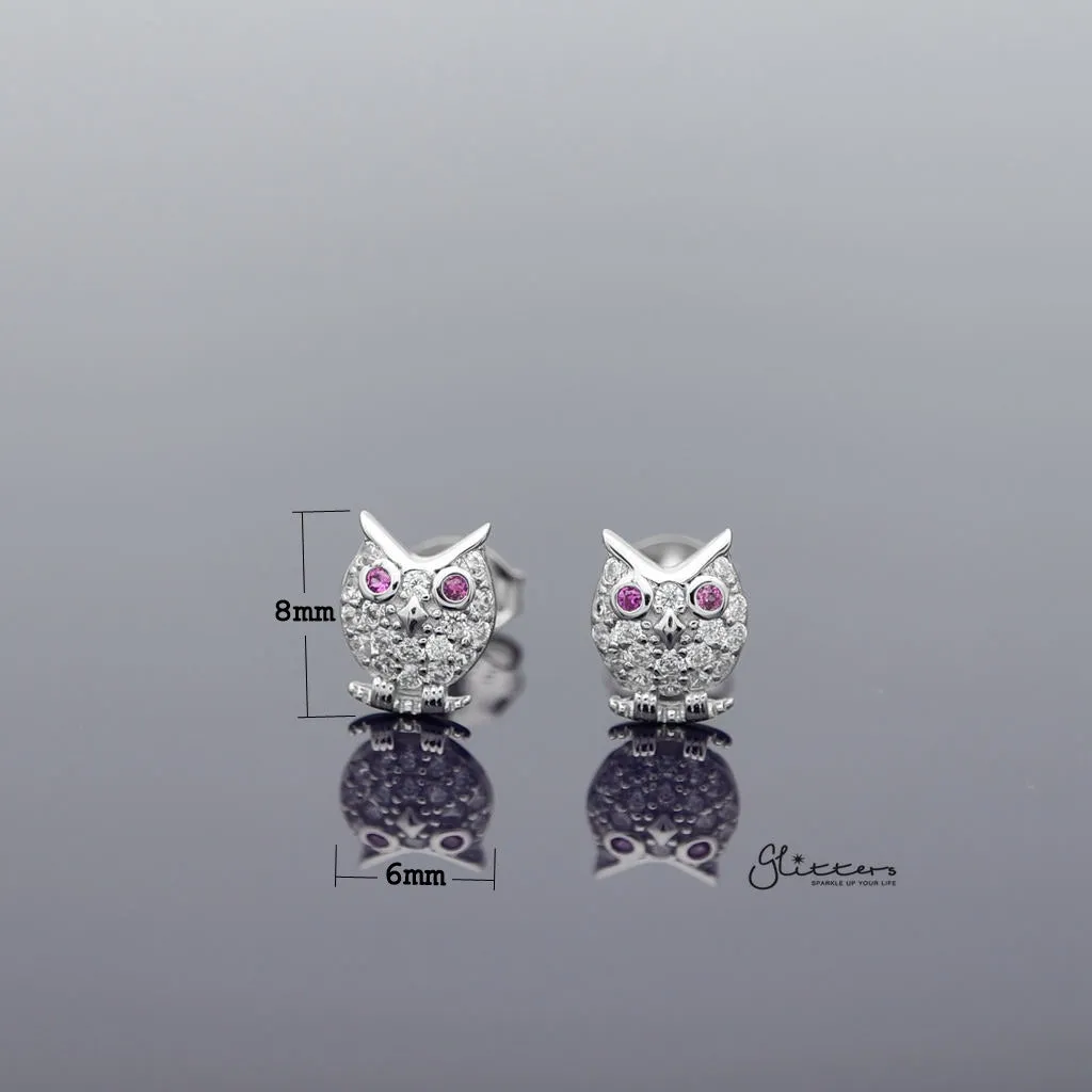 Sterling Silver C.Z Paved Owl Women's Stud Earrings