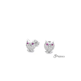 Sterling Silver C.Z Paved Owl Women's Stud Earrings