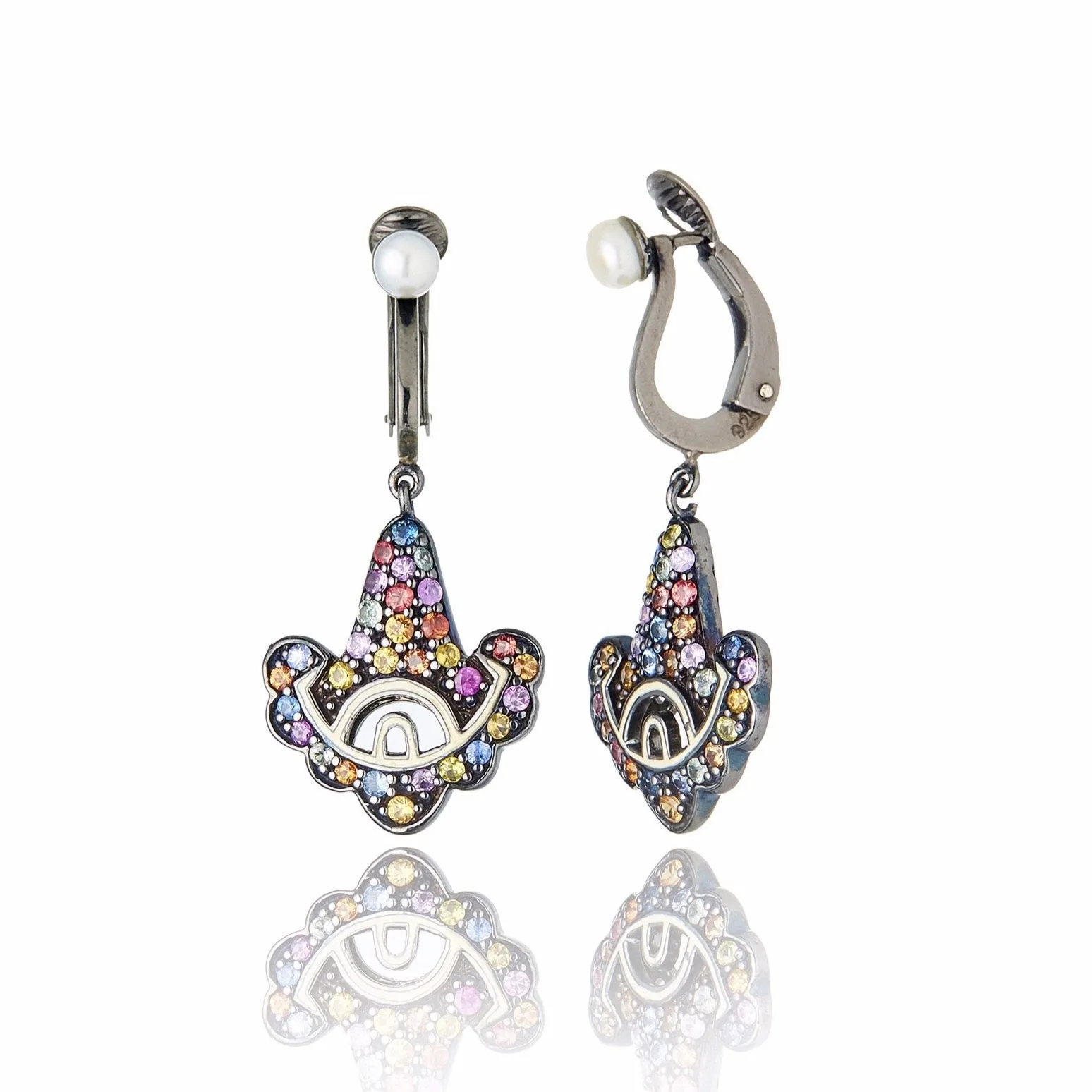 Sterling Silver Statement Earring Clips With Ivory Color Enamel, Mixed Sapphires & White Pearl