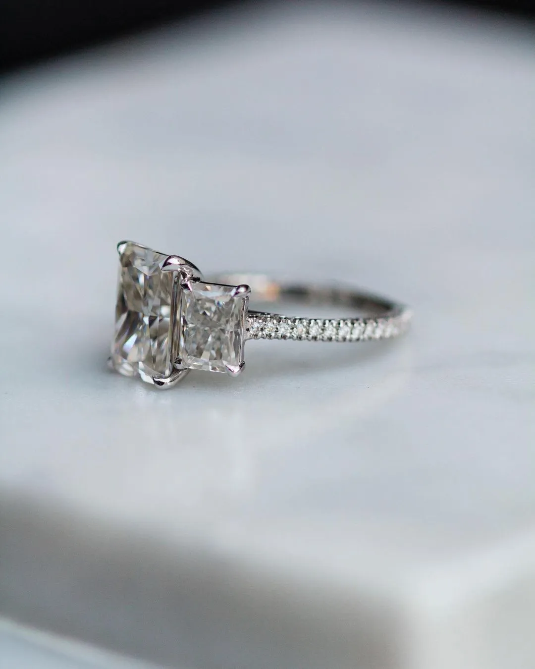 Three Stone Radiant Cut Moissanite Engagement Ring