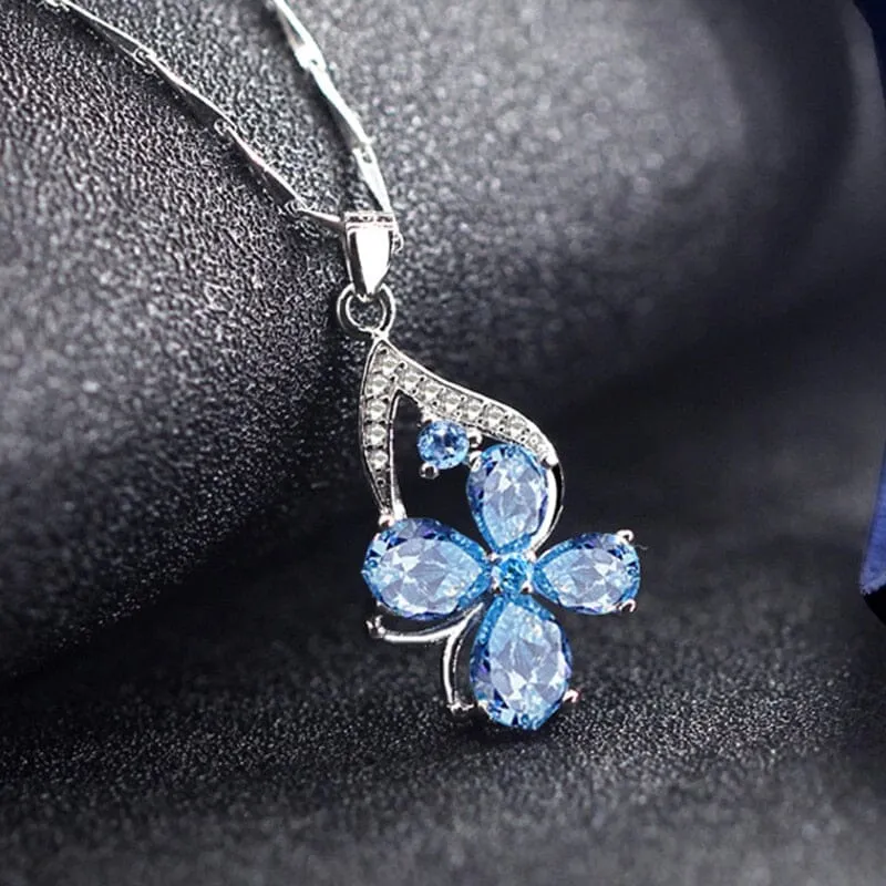 Trendy Clover Aquamarine Topaz Charms Pendant Necklace - 925 Sterling Silver