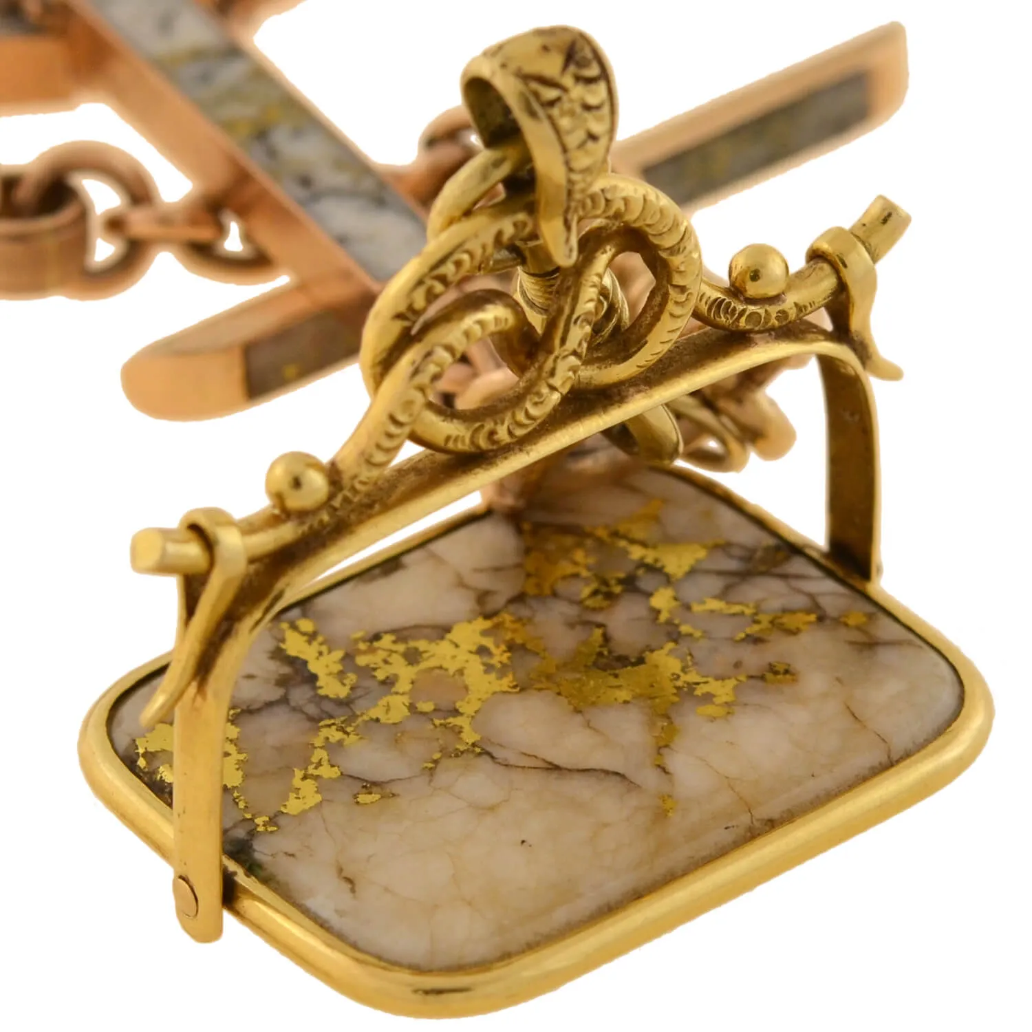 Victorian 14kt Inlaid Gold Quartz Watch Chain   Matching Spinner Fob