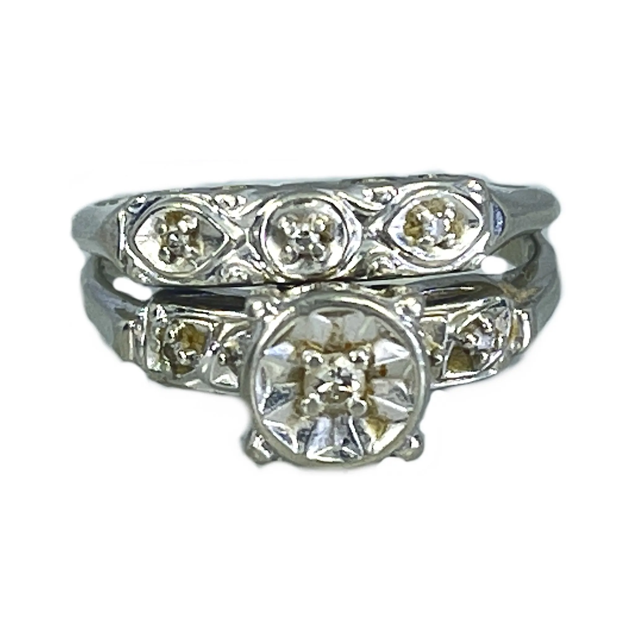 Vintage Diamond Engagement Ring and Wedding Band Bridal Set in 14K White Gold. Affordable Estate Jewelry.