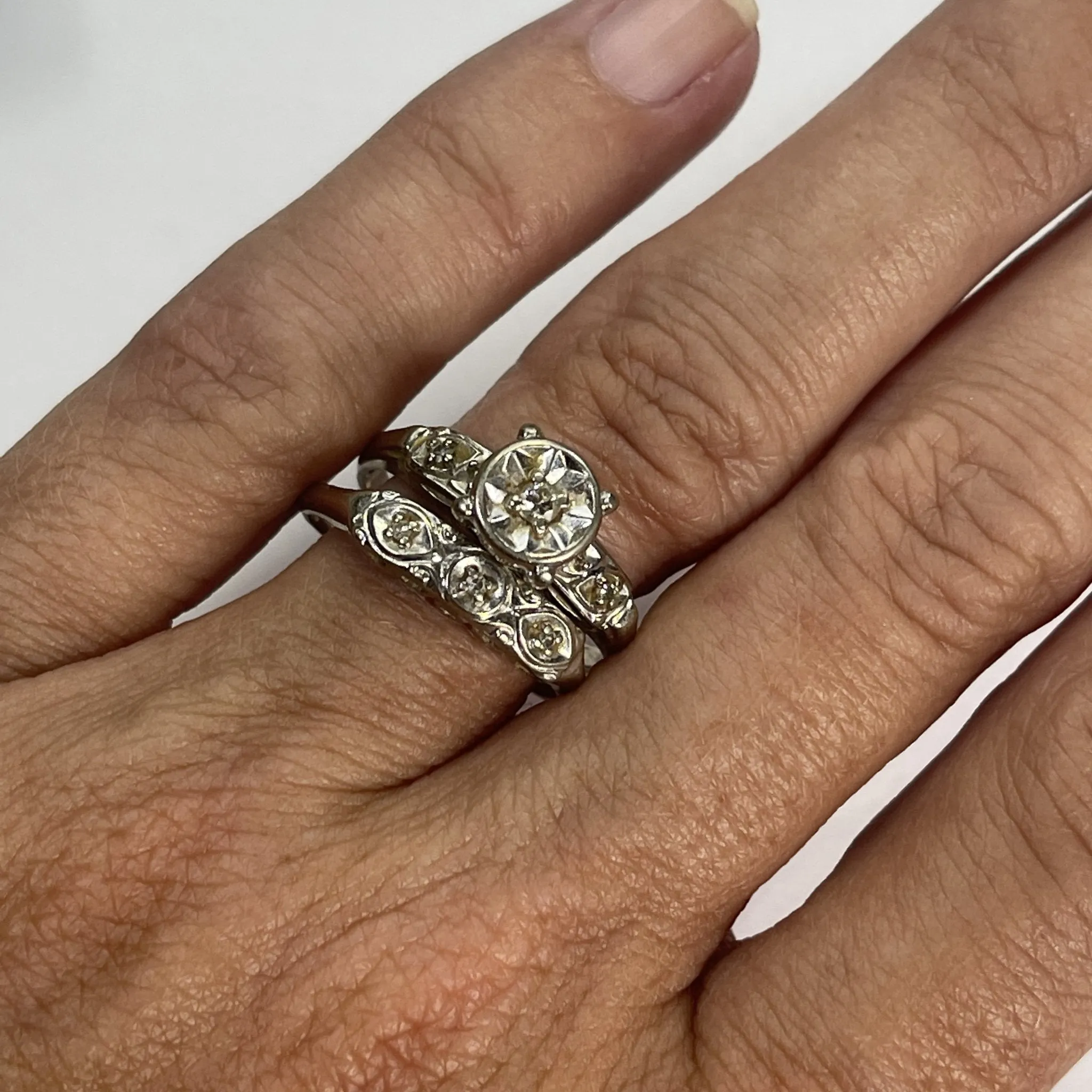 Vintage Diamond Engagement Ring and Wedding Band Bridal Set in 14K White Gold. Affordable Estate Jewelry.