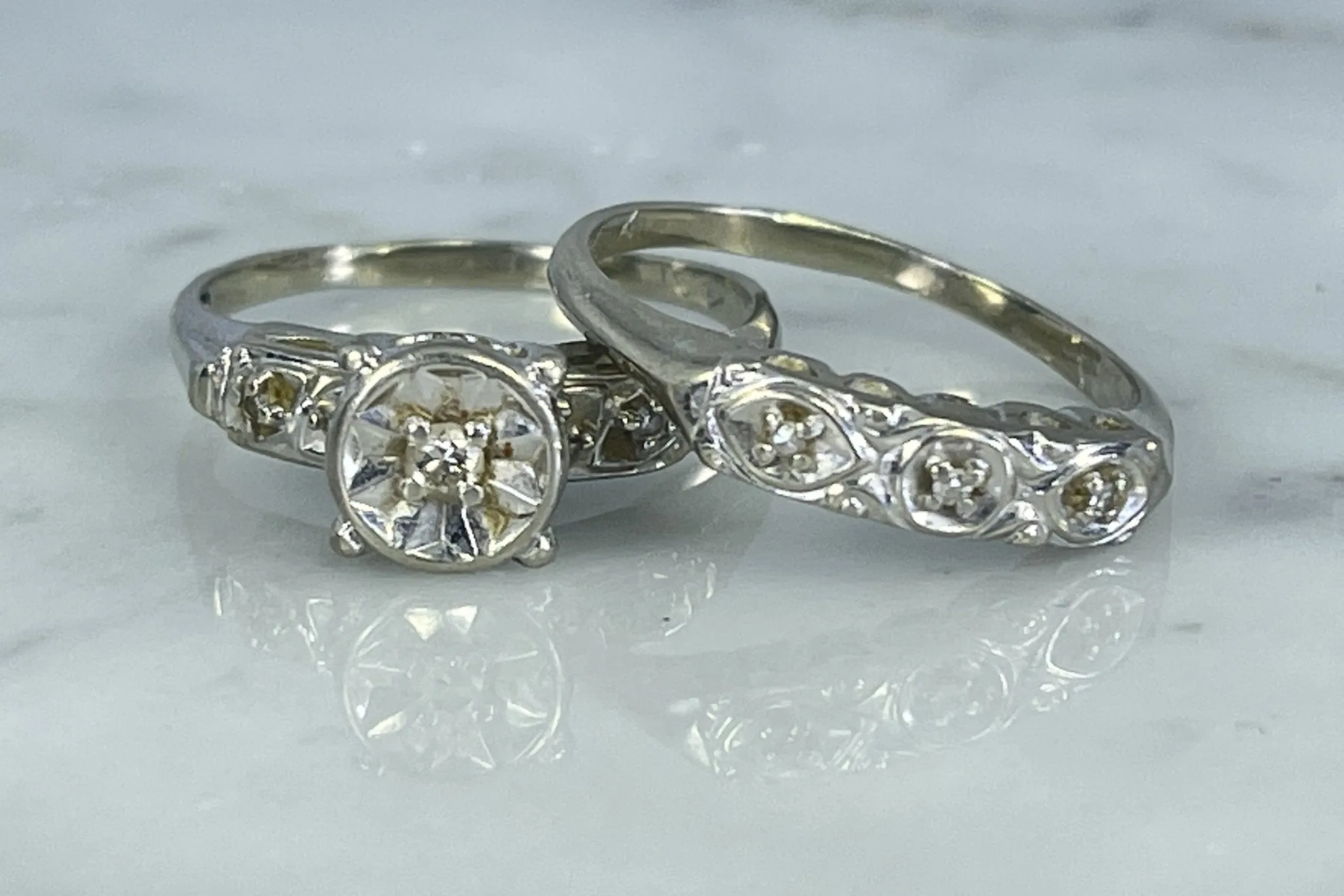 Vintage Diamond Engagement Ring and Wedding Band Bridal Set in 14K White Gold. Affordable Estate Jewelry.