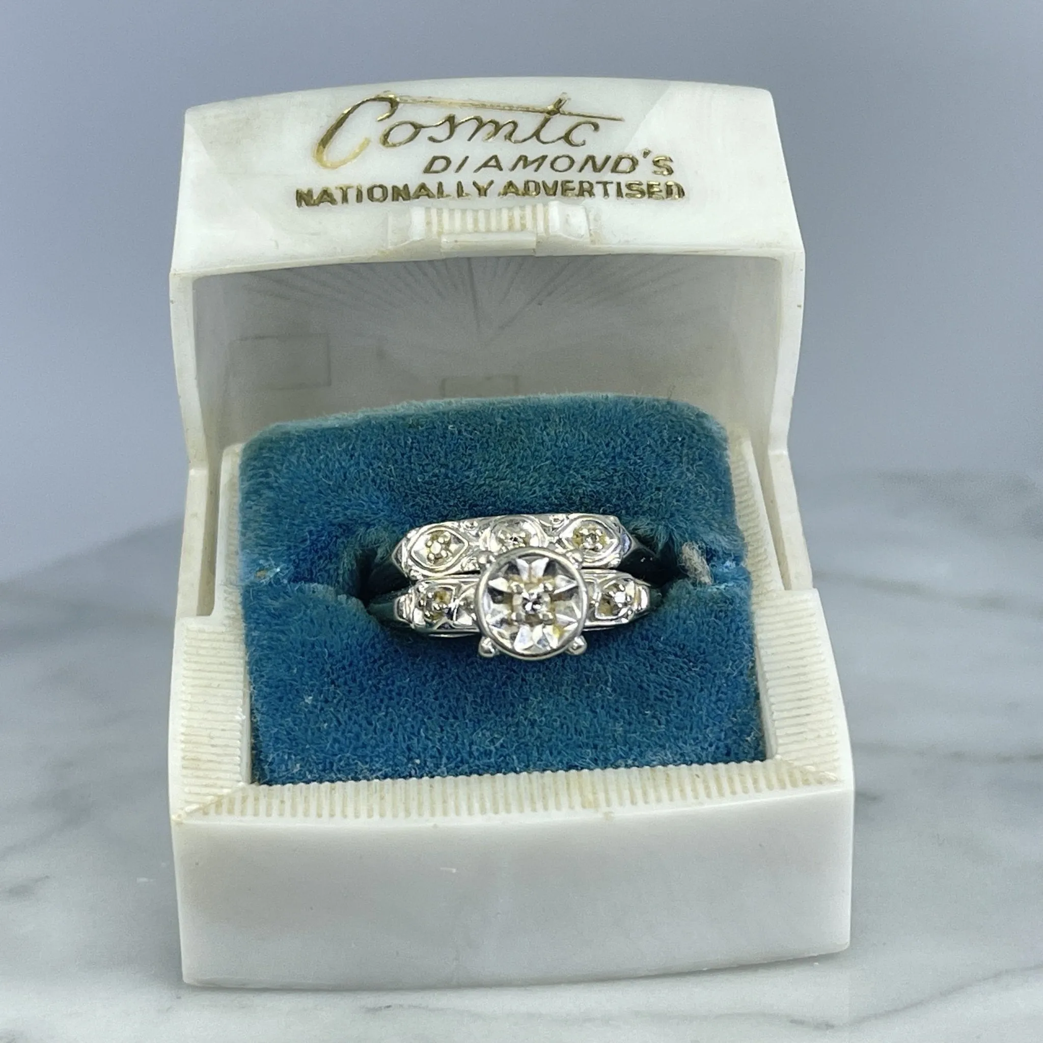 Vintage Diamond Engagement Ring and Wedding Band Bridal Set in 14K White Gold. Affordable Estate Jewelry.