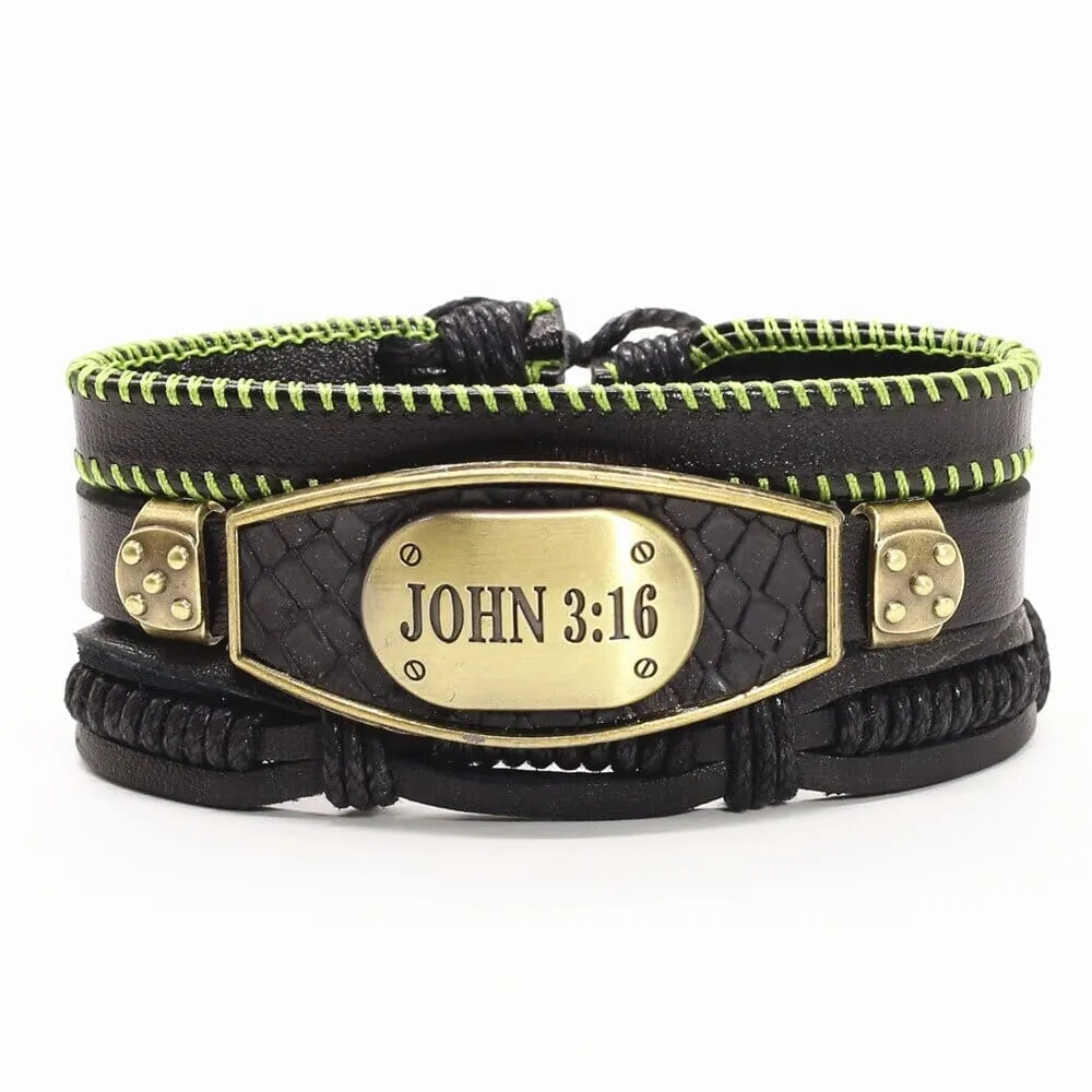 WWJD JOHN 3:16 Charm Men Genuine Leather Bracelet