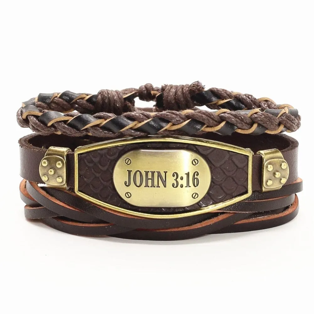 WWJD JOHN 3:16 Charm Men Genuine Leather Bracelet