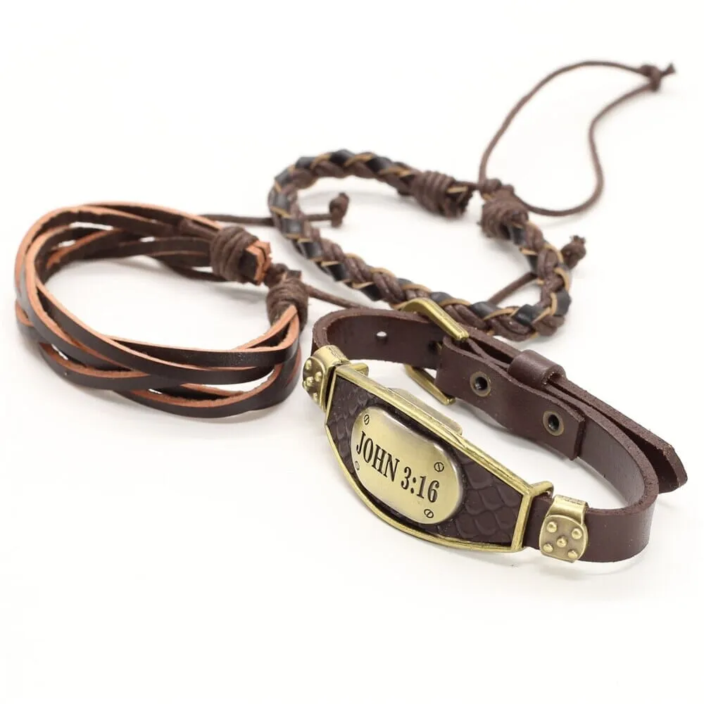 WWJD JOHN 3:16 Charm Men Genuine Leather Bracelet